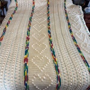 Hand Crafted Cream and Multicolor Blanket Bedspread Crochet Full/queen 96 x 68”